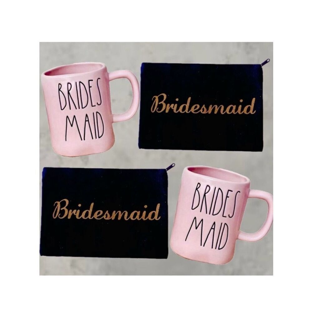 NWT Rae Dunn Gorgeous 4 Pcs 2 Mugs & 2 Cosmetics bags BRIDESMAID Pink Black Gold